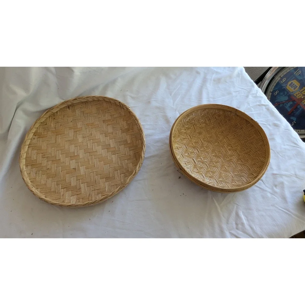Vintage Handwoven Bamboo Winnowing Baskets Set of 2 Round Boho Wall Decor Trays
